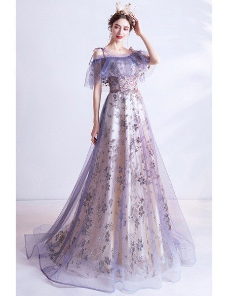 Purple Tulle Bling Flowers Pattern Fairy Prom Dress For Teens Wholesale ...