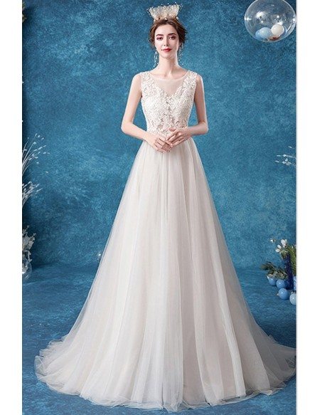Illusion Round Neck Lace Aline Flowy Tulle Wedding Dress Sleeveless