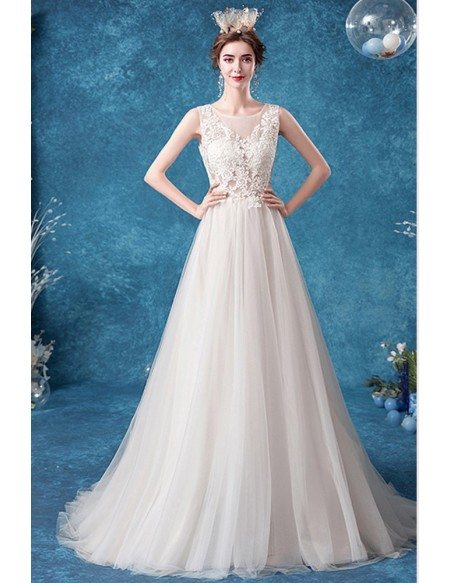 Illusion Round Neck Lace Aline Flowy Tulle Wedding Dress Sleeveless