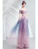 Gorgeous Purple Pink Off Shoulder Ombre Prom Dress With Flowers For Teens