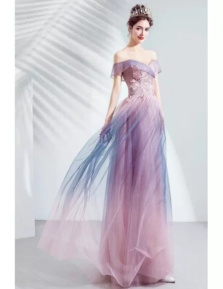 Gorgeous Purple Pink Off Shoulder Ombre Prom Dress With Flowers For Teens