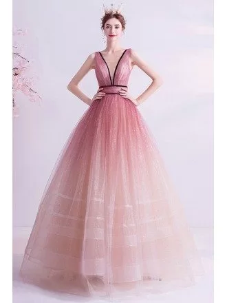 Illusion Deep Vneck Ballgown Prom Dress Puffy With Laceup