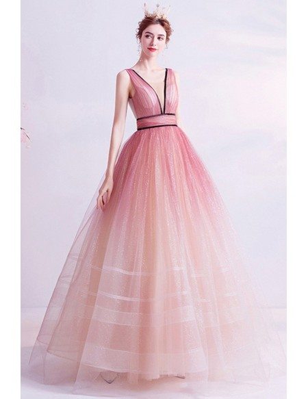 Illusion Deep Vneck Ballgown Prom Dress Puffy With Laceup