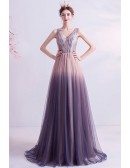 Fantasy Ombre Purple Tulle Prom Dress Vneck With Sequins