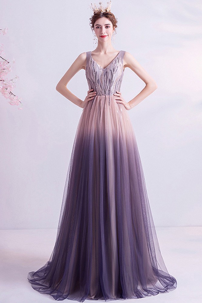 Fantasy Ombre Purple Tulle Prom Dress Vneck With Sequins Wholesale # ...
