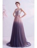 Fantasy Ombre Purple Tulle Prom Dress Vneck With Sequins
