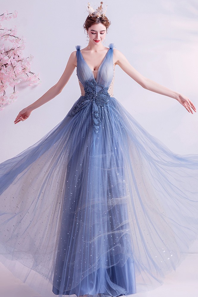 Fairy Blue Vneck Aline Long Tulle Prom Dress With Bling Beadings ...