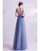 Fairy Blue Vneck Aline Long Tulle Prom Dress With Bling Beadings