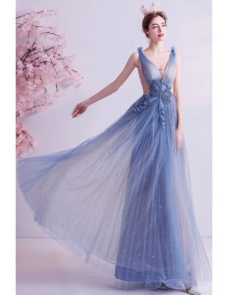 Fairy Blue Vneck Aline Long Tulle Prom Dress With Bling Beadings