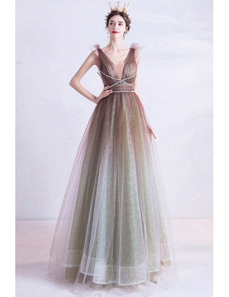Ombre Brown Illusion Vneck Ballgown Prom Dress For Parties