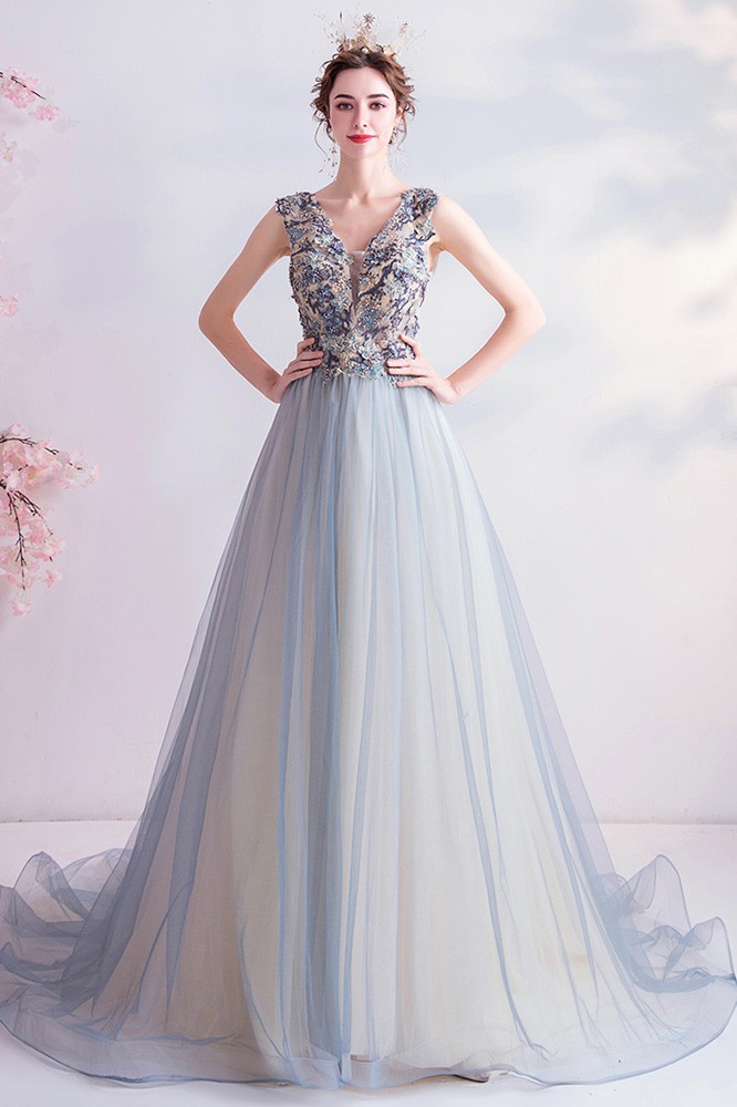 Gorgeous Dusty Light Blue Ballgown Prom Dress With Beadings Open Back ...