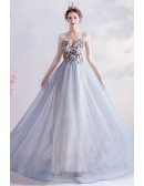 Light Blue Backless Ballgown Prom Dress With Beaded Straps