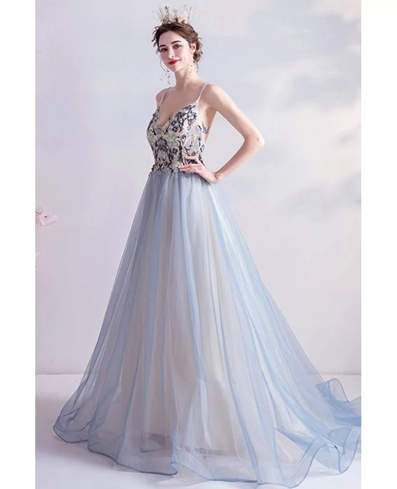 Light Blue Backless Ballgown Prom Dress With Beaded Straps Wholesale # ...