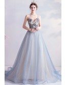 Light Blue Backless Ballgown Prom Dress With Beaded Straps