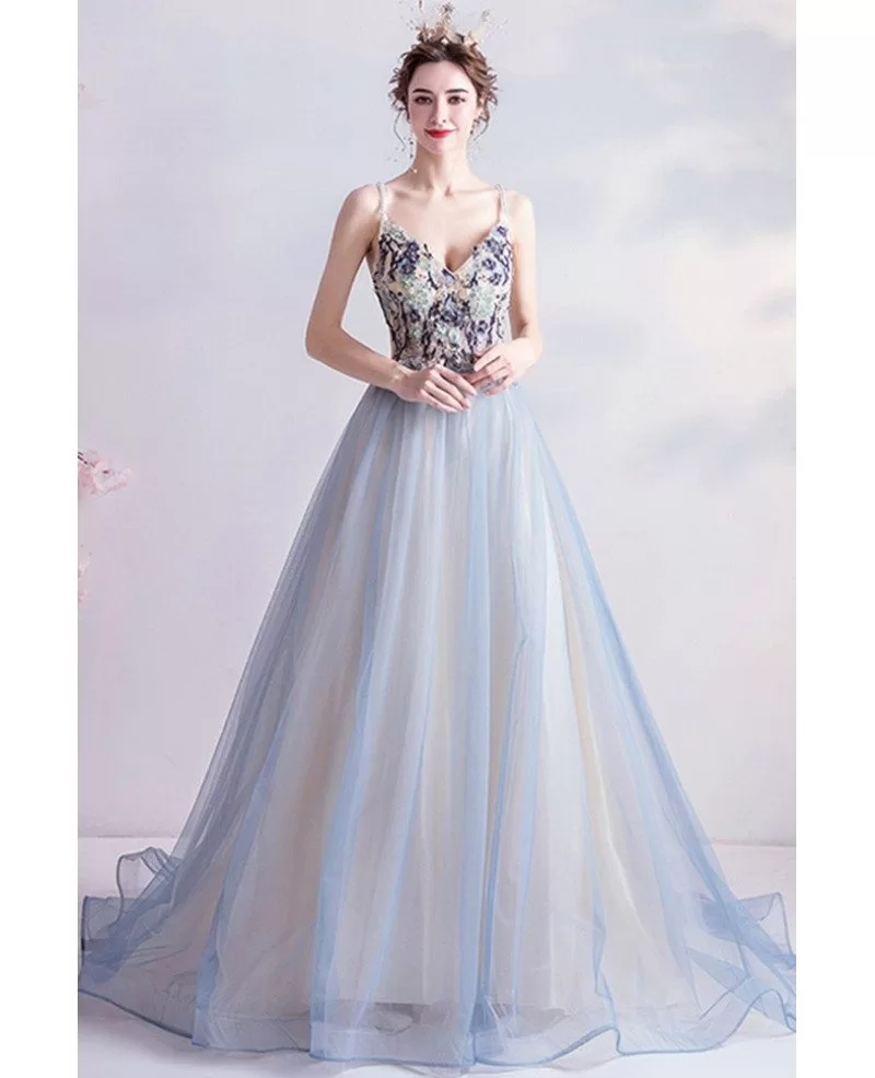 Light Blue Backless Ballgown Prom Dress With Beaded Straps Wholesale # ...