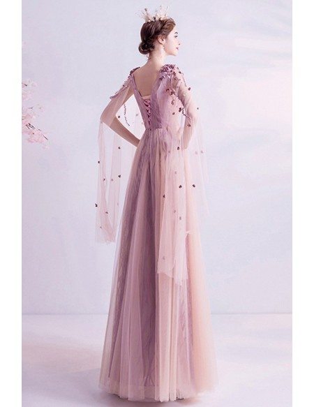 Fairy Pink Tulle Cape Sleeves Aline Long Prom Dress With Petals