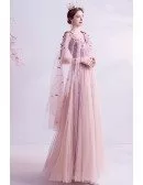 Fairy Pink Tulle Cape Sleeves Aline Long Prom Dress With Petals