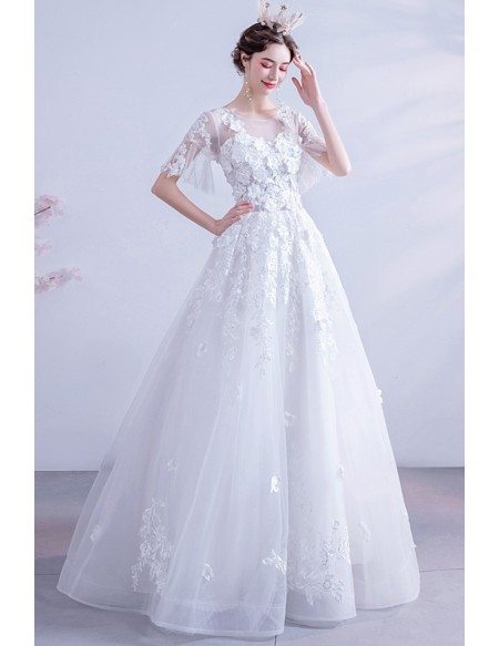 Modest Sheer Neck Flowers Tulle Wedding Dress With Short Sleeves