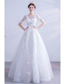 Modest Sheer Neck Flowers Tulle Wedding Dress With Short Sleeves