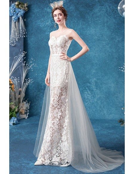 Full Lace Illusion Top Mermaid Wedding Dress With Flowy Tulle