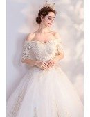 Classical Half Sleeved Big Ballgown Wedding Dress With Gold Embroidery