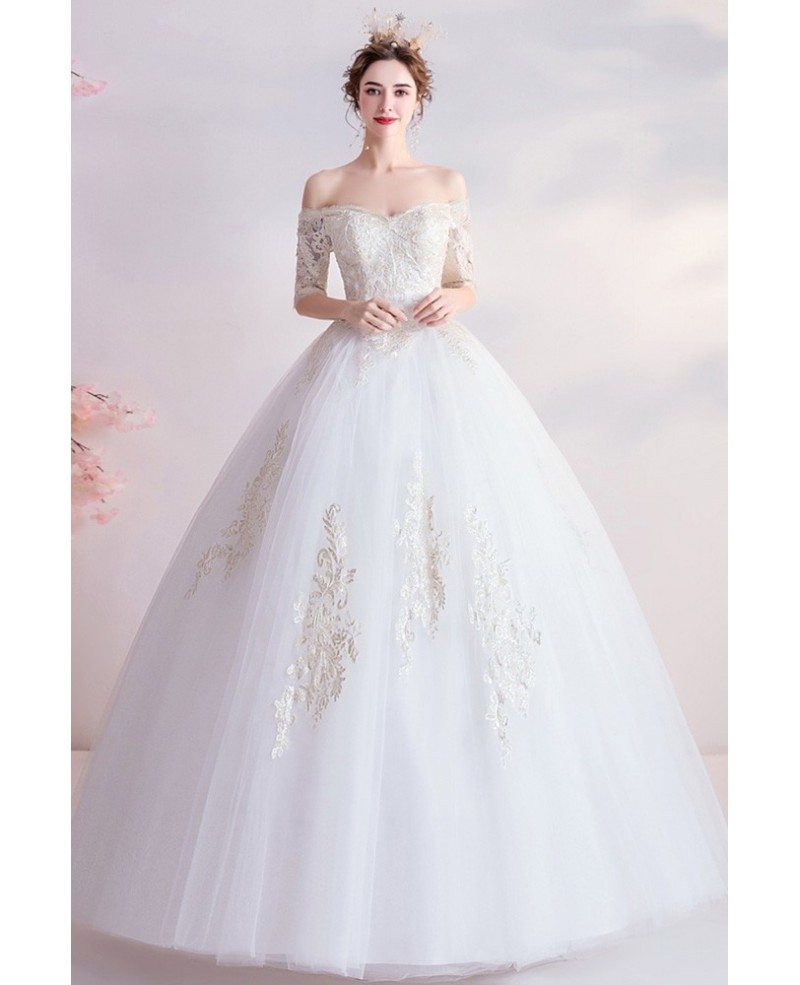 Classical Half Sleeved Big Ballgown Wedding Dress With Gold Embroidery ...