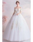 Classical Half Sleeved Big Ballgown Wedding Dress With Gold Embroidery