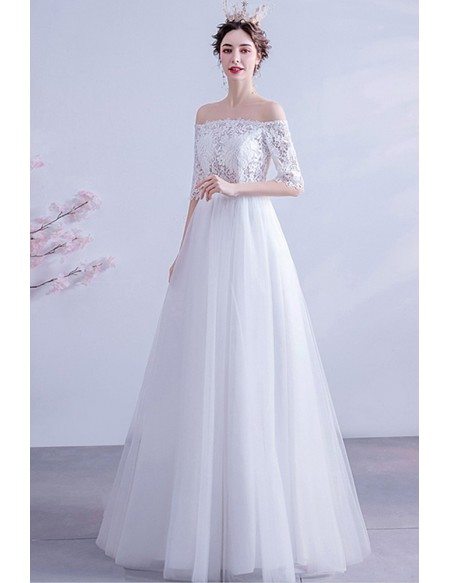 Lace Off Shoulder Aline Long Tulle Wedding Dress With Sleeves Wholesale ...