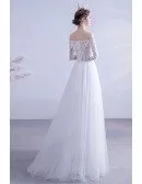 Lace Off Shoulder Aline Long Tulle Wedding Dress With Sleeves