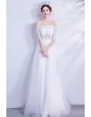 Lace Off Shoulder Aline Long Tulle Wedding Dress With Sleeves