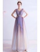 Sparkly Star Sequins Ombre Purple Prom Dress With Cape Sleeves