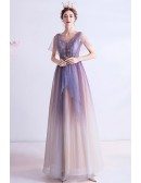 Sparkly Star Sequins Ombre Purple Prom Dress With Cape Sleeves