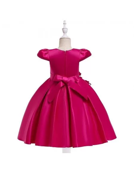 Red Satin Flowers Ballgown Short Party Dress For Girls 4-9 Year