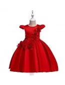 Red Satin Flowers Ballgown Short Party Dress For Girls 4-9 Year