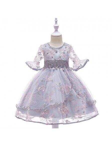 Grey Flare Sleeves Princes Girl Dress For Formal 4-12 Years