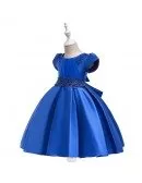 Royal Blue Satin Girls Formal Dress With Bubble Sleeves