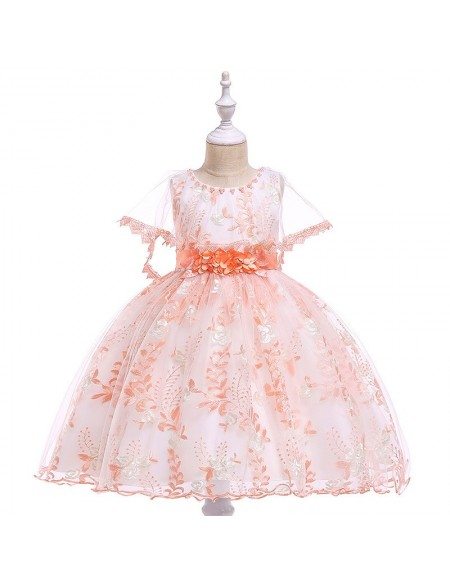 Beautiful Pink Floral Girls Wedding Party Dress With Cape For Children
