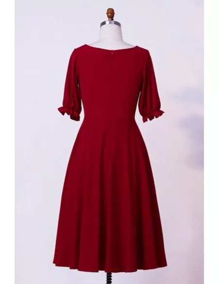 Custom Modest Burgundy Tea Length Wedding Party Dress With Sleeves High Quality