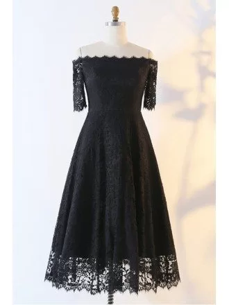 Custom Black Lace Aline Tea Length Party Dress With Off Shoulder High Quality