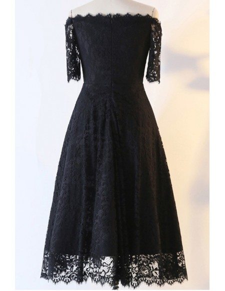 Custom Black Lace Aline Tea Length Party Dress With Off Shoulder High Quality