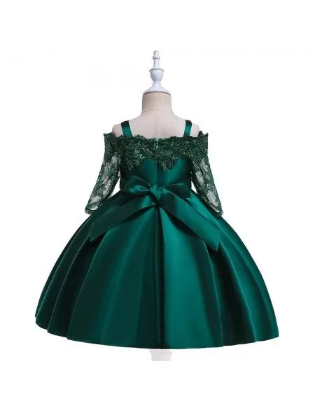 Dark Green Satin Girl Prom Party Dress With Lace Sleeves For 6-12 Years Old