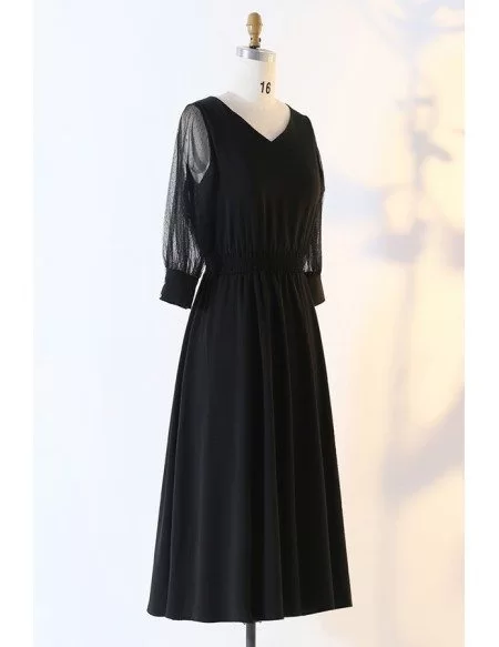 Custom Simple Black Aline Vneck Semi Formal Dress With Sleeves High Quality
