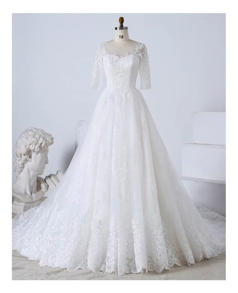 Custom Luxury Beaded Lace Formal Wedding Dress With Half Sleeves High ...