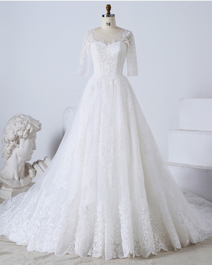 Custom Luxury Beaded Lace Formal Wedding Dress With Half Sleeves High ...