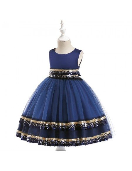 Navy Blue Shinning Sequins Party Dress For Girls 6-12 Years