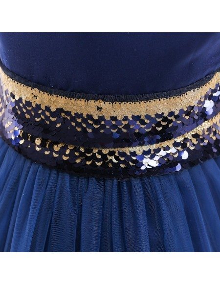Navy Blue Shinning Sequins Party Dress For Girls 6-12 Years