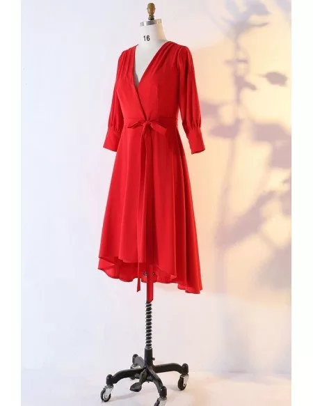 Custom Red Vneck Chiffon Wedding Party Dress With Sleeves High Quality
