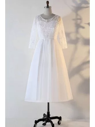Custom Vintage Chic Tea Length Wedding Dress With Lace Sleeves High Quality