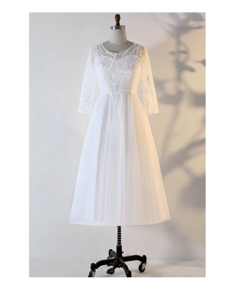 Custom Vintage Chic Tea Length Wedding Dress With Lace Sleeves High ...