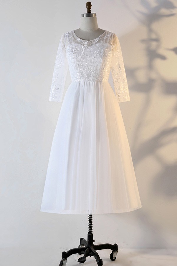 Custom Vintage Chic Tea Length Wedding Dress With Lace Sleeves High ...